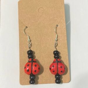 Ladybug Dangle Drop Slip On Beaded‎ Statement Earrings Red Black Silver Tone